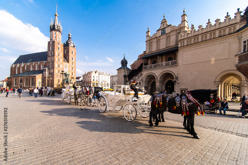 Fototapeta premium Kraków, Polska - kwiecień 2019: dwa konie w staromodnym powozie na Rynku Starego Miasta w pochmurny letni dzień. Bazylika Mariacka Słynny Punkt Orientacyjny Na Tle. Kościół Matki Bożej Wniebowziętej.