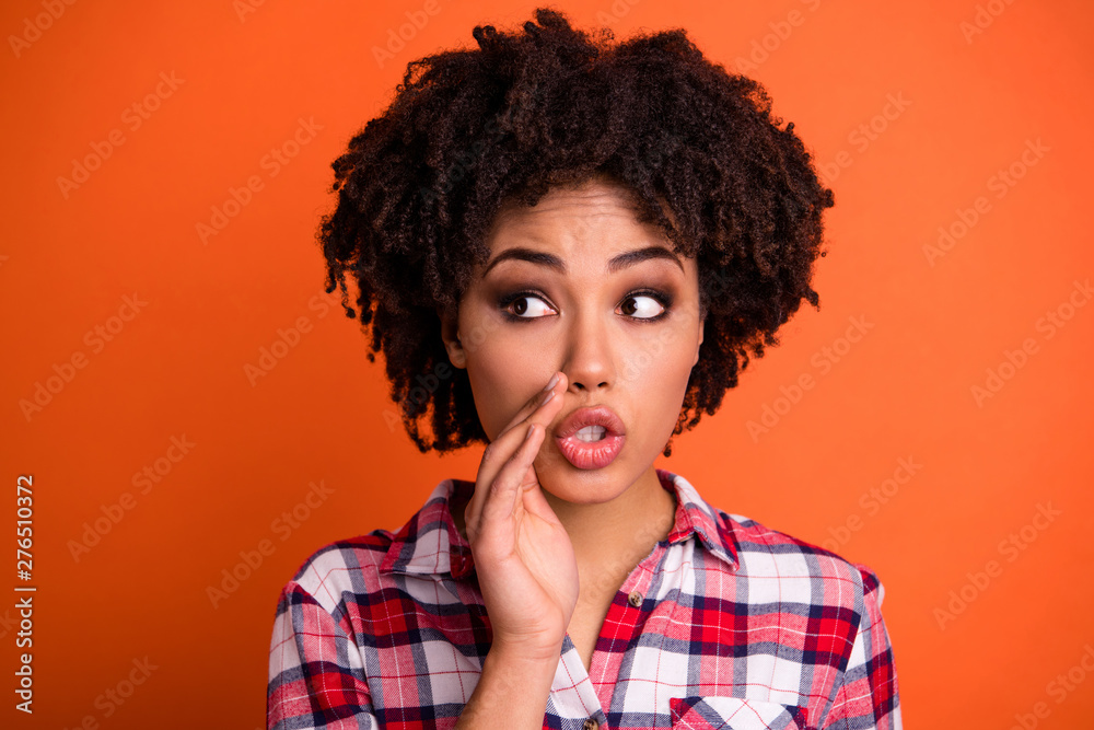 Close up photo of cute charming teen teenager have dialogue share private information novelty wear fashionable youth clothing isolated orange background Close up photo of cute charming teen teenager have dialogue share private information novelty wear fashionable youth clothing isolated orange background