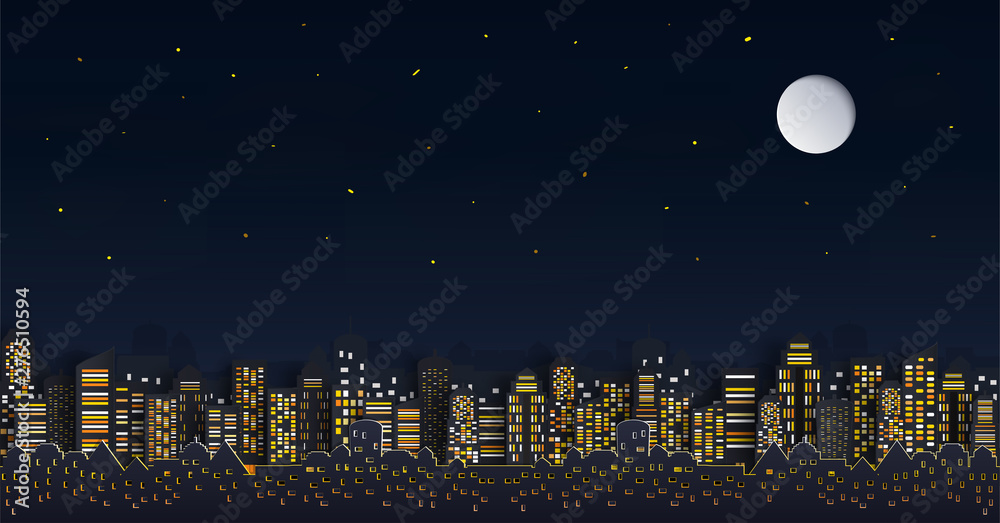 Vector paper cut. and the panorama view. and a house or village.and Cityscape with Group of Skyscrapers in the night. and Template for tourism and Journey. And origami style design. and an background.