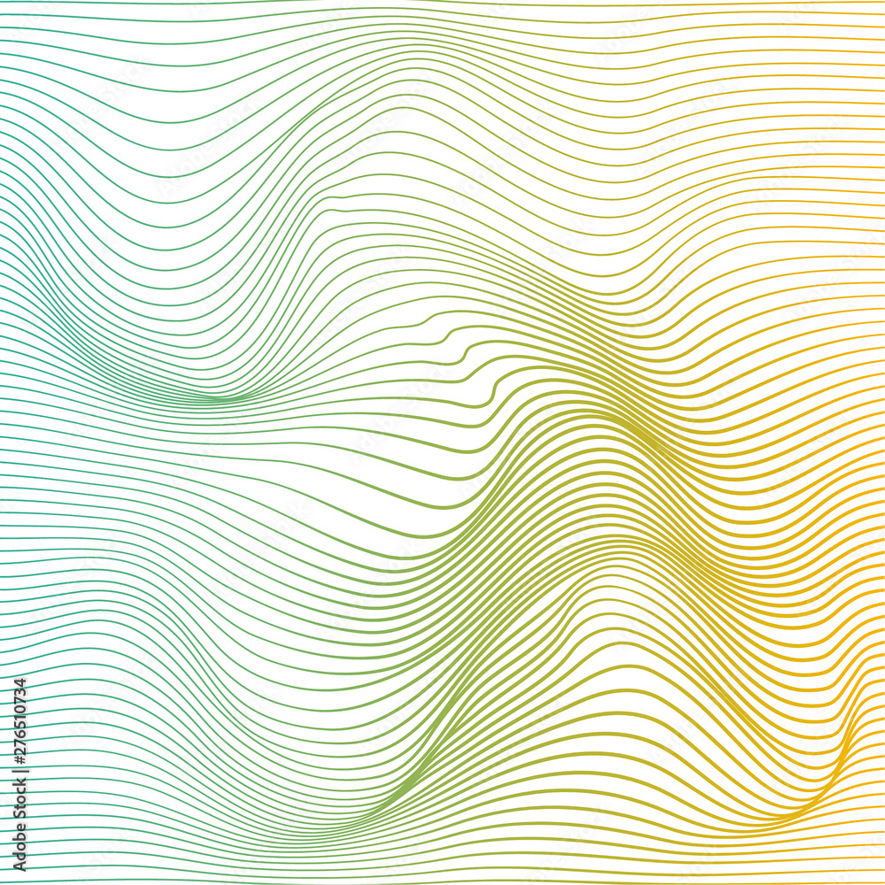 Wave distorted texture of color gradation. Abstract dynamical rippled surface. Vector stripe deformation background.