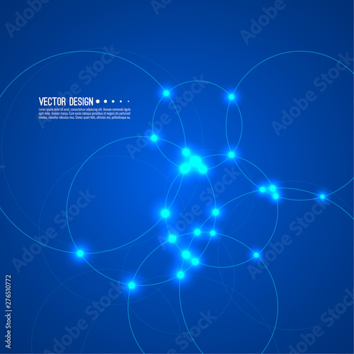 Vector abstract background with overlapping circles and dots. High tech design. Round banner with empty space for text. Node molecule structure. Science and connection concept.