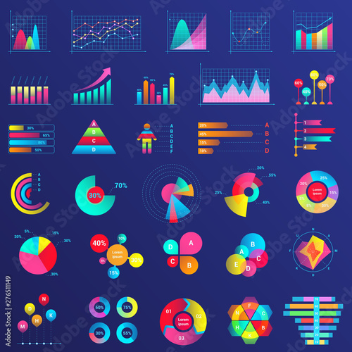 Infographics flat neon illustrations set. Graph arrow growth color icon. Data analysis, statistics analyzing. Pie charts, diagrams isolated cliparts pack. Survey, questionnaire percentage result