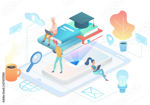 Online education vector isometric illustration. E-learning, Internet courses, distance university, remote job. Students watching video tutorials, reading ebooks 3d cartoon characters