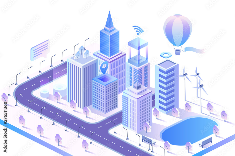 Modern smart city isometric vector illustration. Intelligent AI skyscrapers buildings. Computer network, internet of things concept. Data center, server and matrix crypto blockchain.