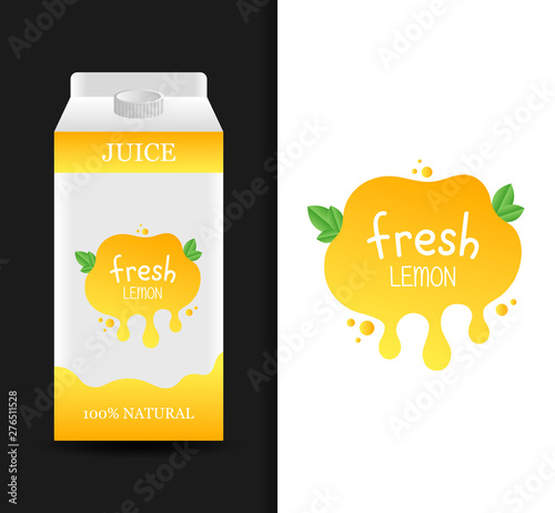 Blank lemon fresh juice carton branding box. Juice or milk cardboard package. Drink box. Modern vector illustration