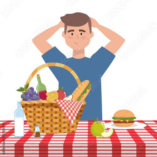 Man cartoon having picnic design