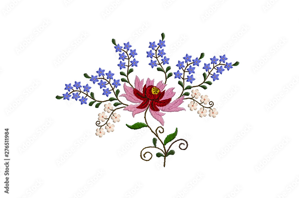 White background with embroidered stylized large flower with red and pink petals and small blue and white flowers on twisted branches with leaves White background with embroidered stylized large flower with red and pink petals and small blue and white flowers on twisted branches with leaves