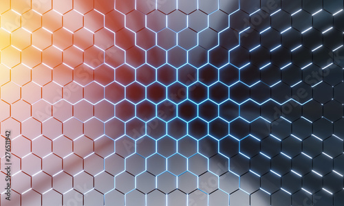 Glowing black blue and orange hexagons background pattern on silver metal surface 3D rendering