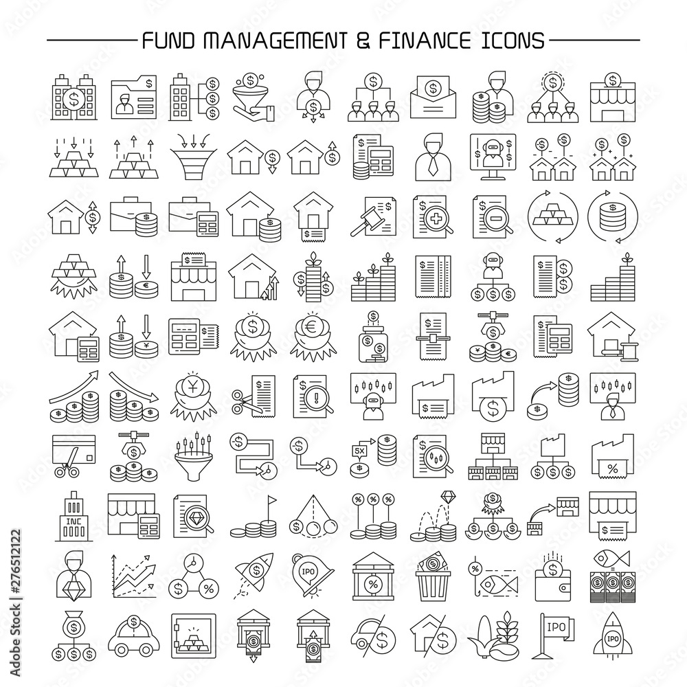 fund and portfolio management, finance icons set line design