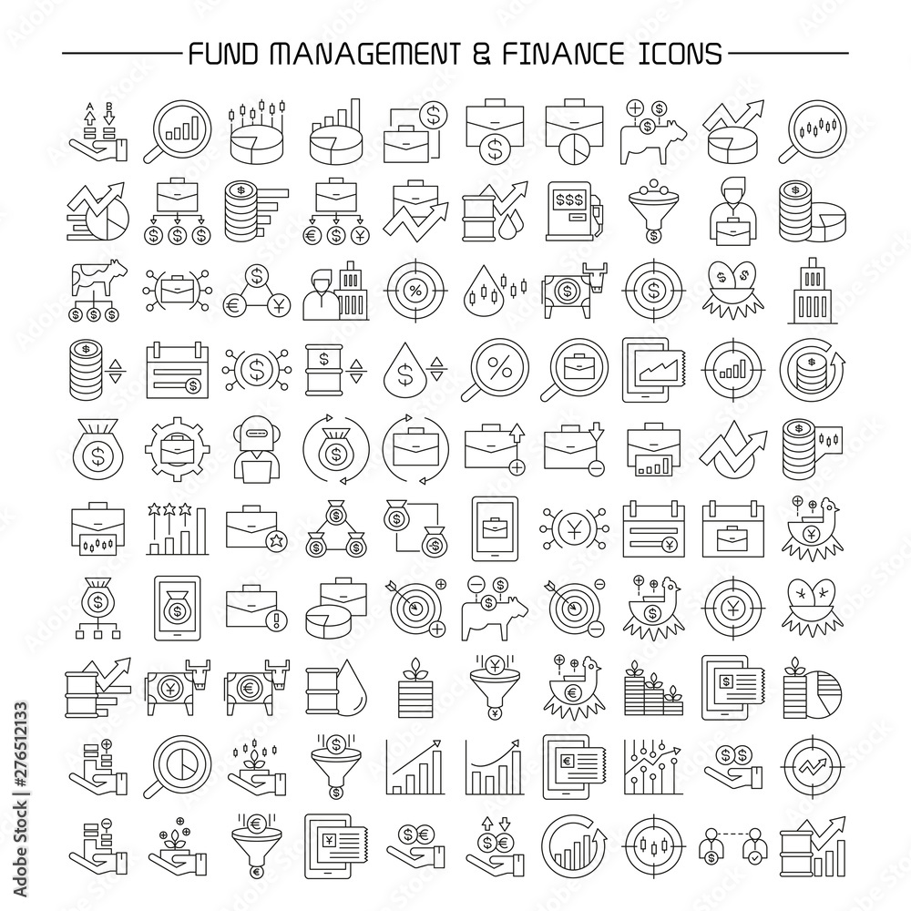 fund and portfolio management, finance icons set line design