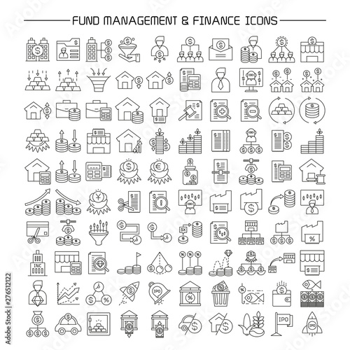 fund and portfolio management, finance icons set line design
