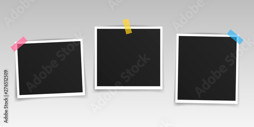 Vector Photo frame mockup design. Photo frame on sticky tape isolated on transparent background. Vector illustration