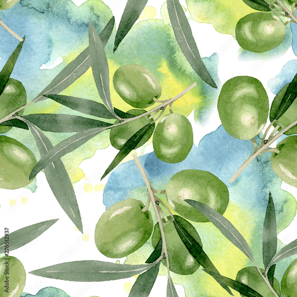 Olive branch with black and green fruit. Watercolor background illustration set. Seamless background pattern. - obrazy, fototapety, plakaty 