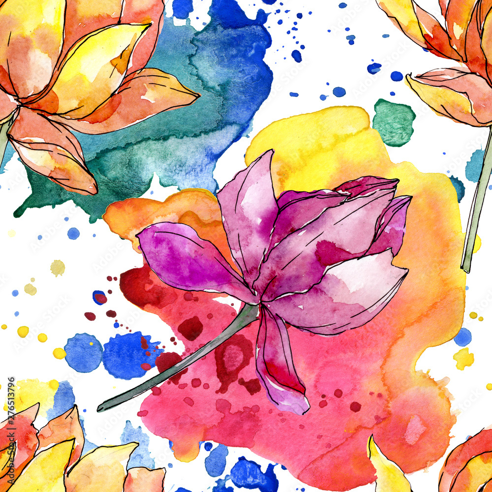 Lotus floral botanical flowers. Watercolor background illustration set. Seamless background pattern.