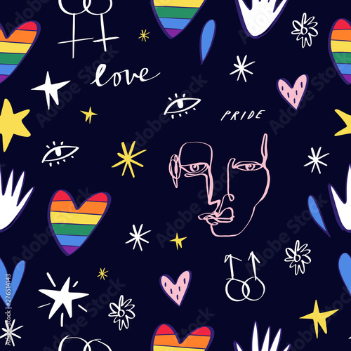 LGBT seamless pattern. Pride, love and peace lettering, rainbow hearts. Gay parade wallpaper. LGBTQ rights symbol. Background, textile, fabric print. Vector.