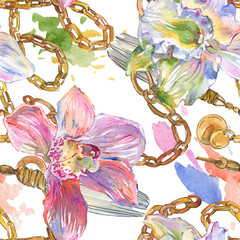 Foto auf Acrylglas Blumen- und Juwelenmuster Orchidee floral botanische Blumen. Aquarellhintergrundillustrationssatz. Nahtloses Hintergrundmuster.  © LIGHTFIELD STUDIOS