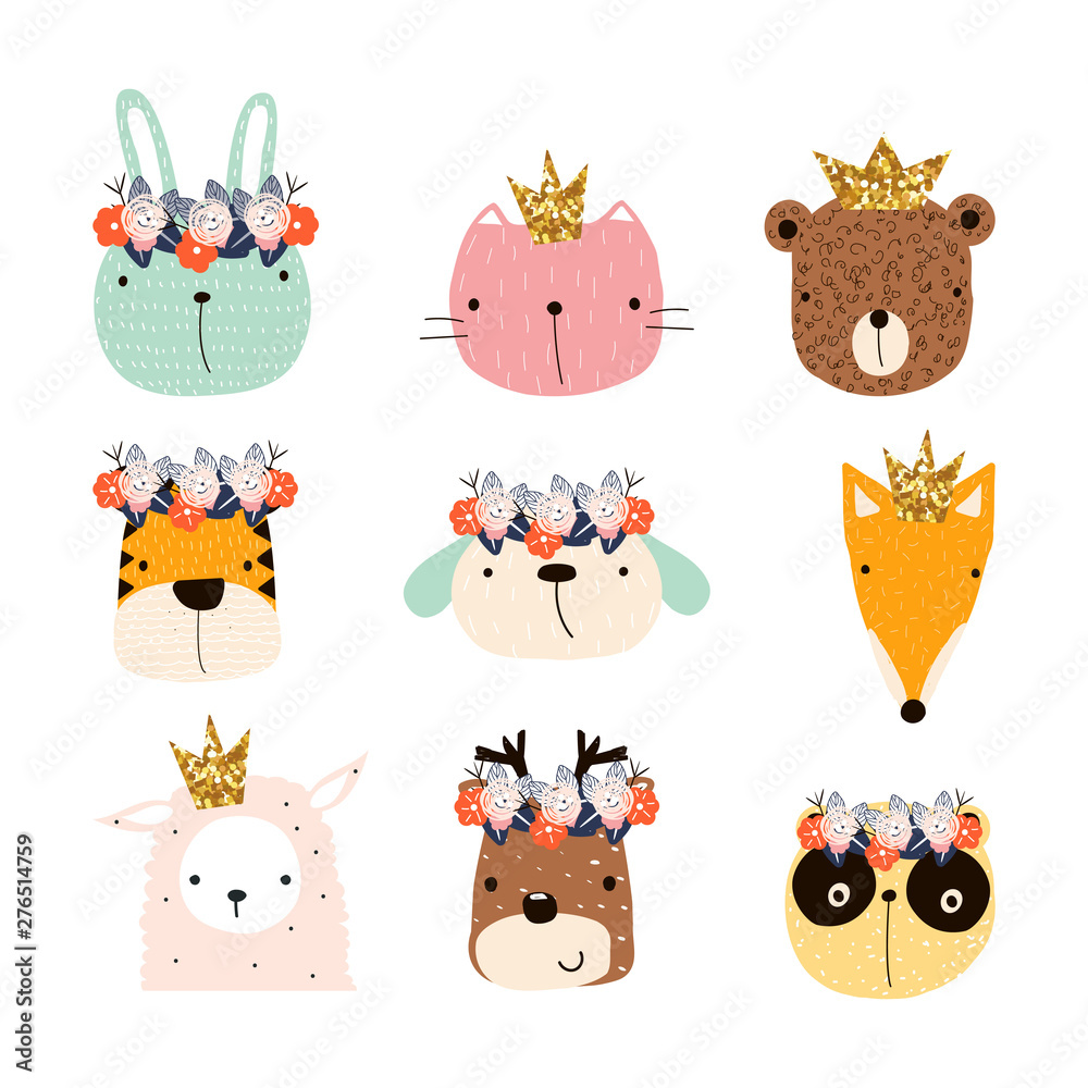Obraz premium Set of cute animals faces with crown and floral wreath. Summer fashion graphic. Vector hand drawn illustration.