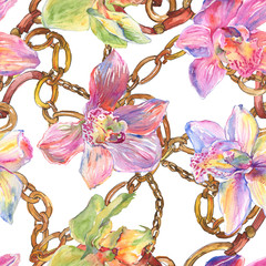 Foto auf Acrylglas Blumen- und Juwelenmuster Orchidee floral botanische Blumen. Aquarellhintergrundillustrationssatz. Nahtloses Hintergrundmuster.  © LIGHTFIELD STUDIOS