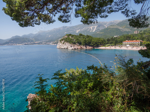 View in the Adriatic sea from Milocer Park. Coast Budva Riviera.