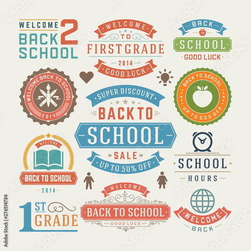 Back to school design elements sale labels and badges set vector illustration.