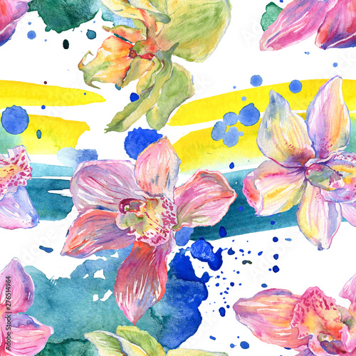 Orchid floral botanical flowers. Watercolor background illustration set. Seamless background pattern. © LIGHTFIELD STUDIOS