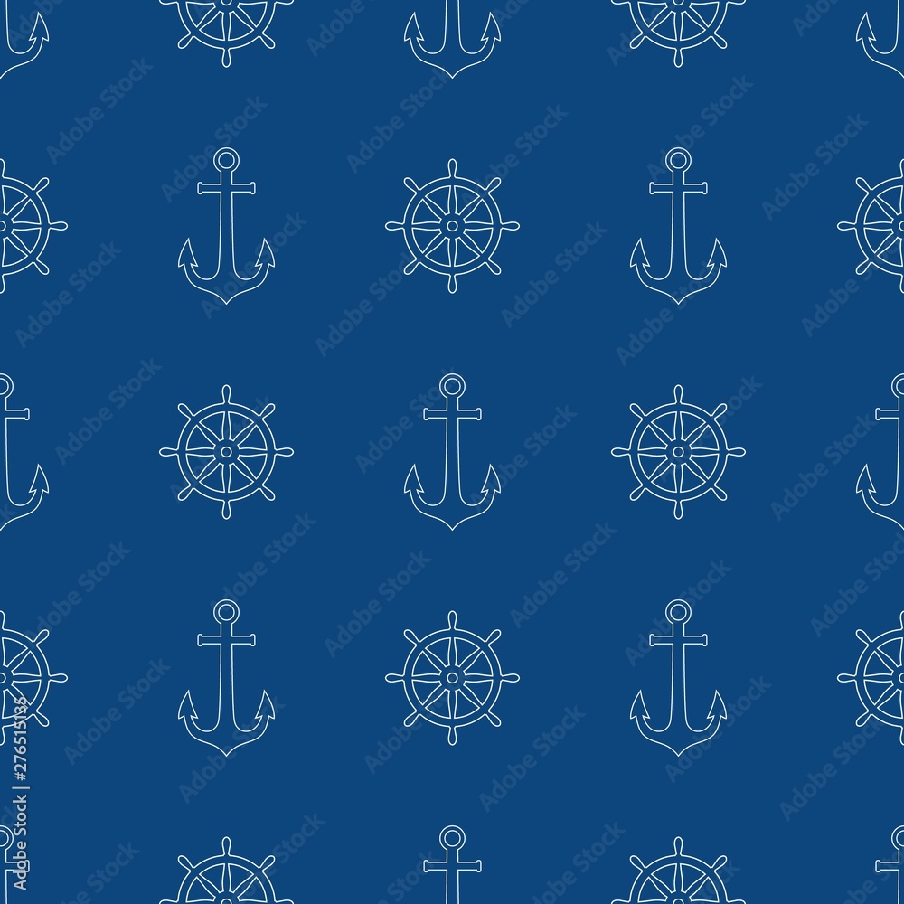 Anchor and ship wheel seamless pattern design. Vector nautical sea pattern print, white ship wheel and anchor on blue background. Anchor and ship wheel seamless pattern design. Vector nautical sea pattern print, white ship wheel and anchor on blue background.