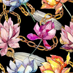 Foto auf Acrylglas Blumen- und Juwelenmuster Lotus floral botanische Blumen. Aquarellhintergrundillustrationssatz. Nahtloses Hintergrundmuster.  © LIGHTFIELD STUDIOS