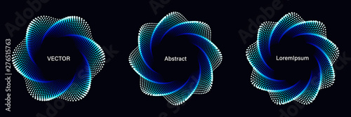 Set of Spiral Dotted Graphic Elements in Blue Tones. Geometric Vector Frames on Black Background.