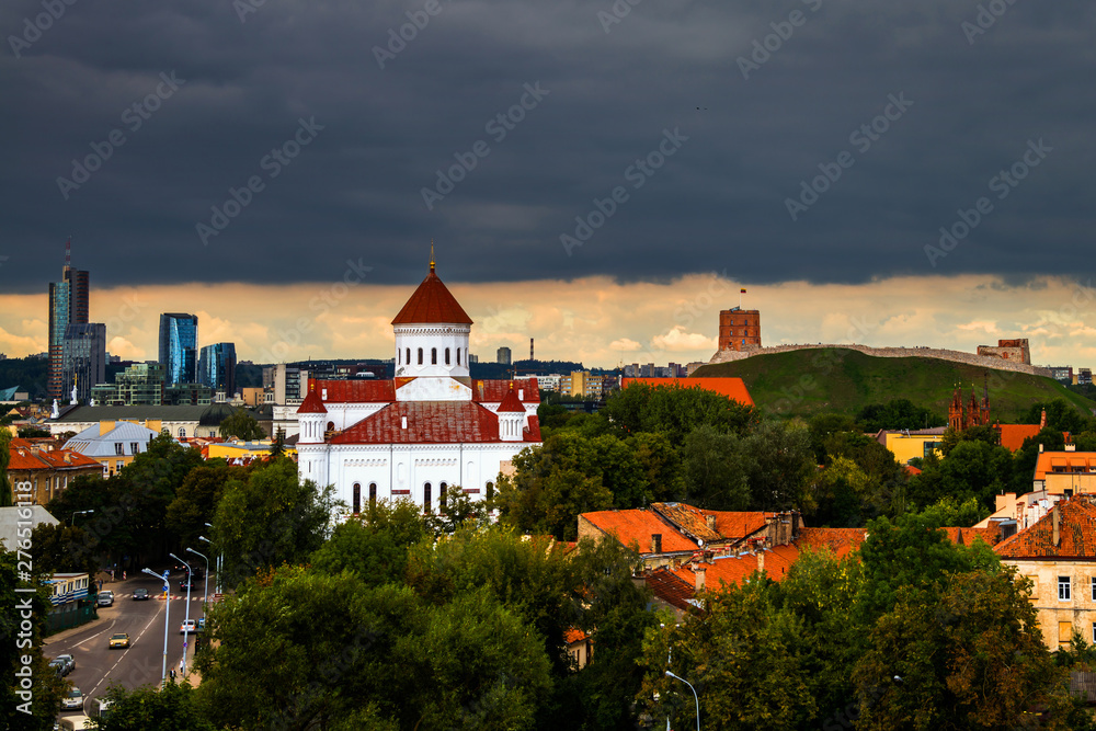 Aerial view of heavy dark clouds over Vilnius, Lithuania
