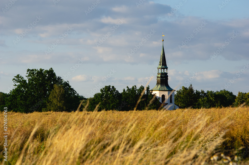 Obraz premium Churchtower of Mittelherwigsdorf, Saxony/Germany in golden sunset light in summer