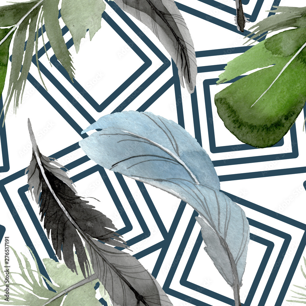 Bird feather from wing isolated. Watercolor background illustration set. Seamless background pattern. - obrazy, fototapety, plakaty 