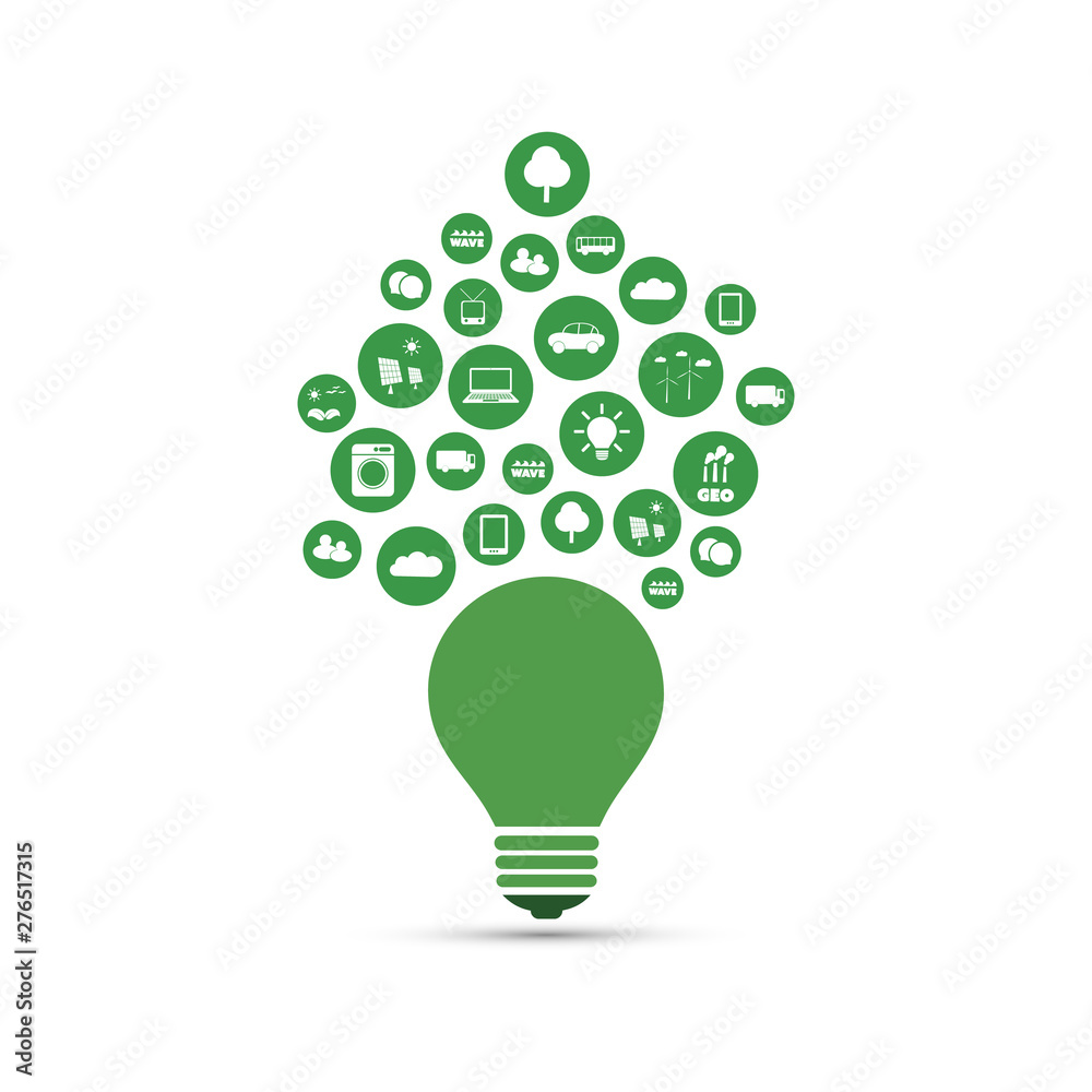 Global Warming, Eco Friendly World - Connections, Networks - Design Concept with Light Bulb and Icons Global Warming, Eco Friendly World - Connections, Networks - Design Concept with Light Bulb and Icons