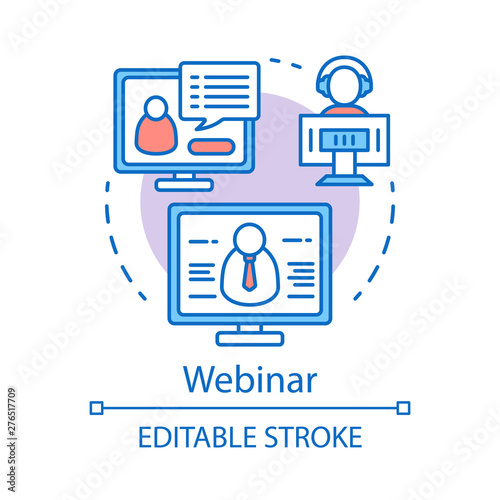 Webinar concept icon. E-learning idea thin line illustration. Web-based video conference. Web seminar. Online courses, classes. Remote education. Vector isolated outline drawing. Editable stroke