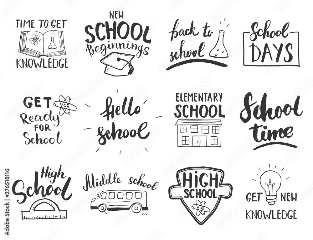 Back to School Calligraphic Letterings Set. Typographic Design. Calligraphy Lettering with School Elements sketch doodles. Hand Drawn Vector illustration