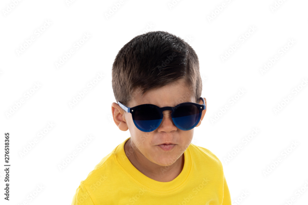 Funny child with yellow tshirt and sunglasses Funny child with yellow tshirt and sunglasses