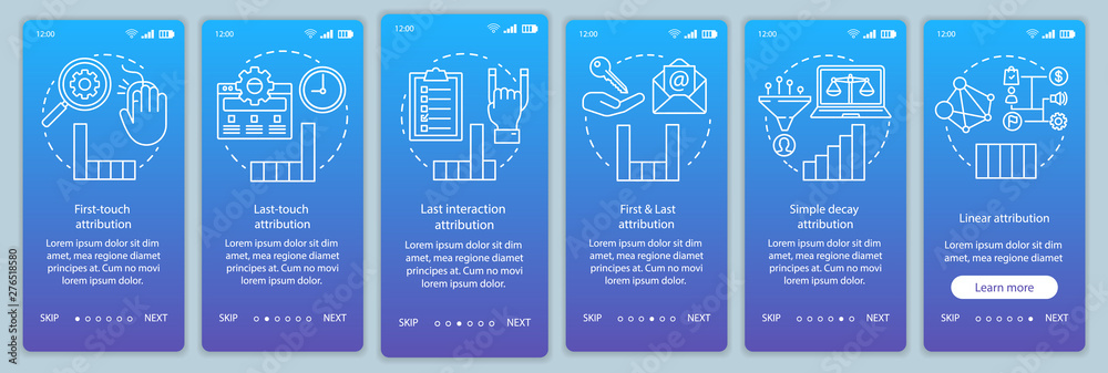 Attribution modeling types onboarding mobile app page screen vector ...