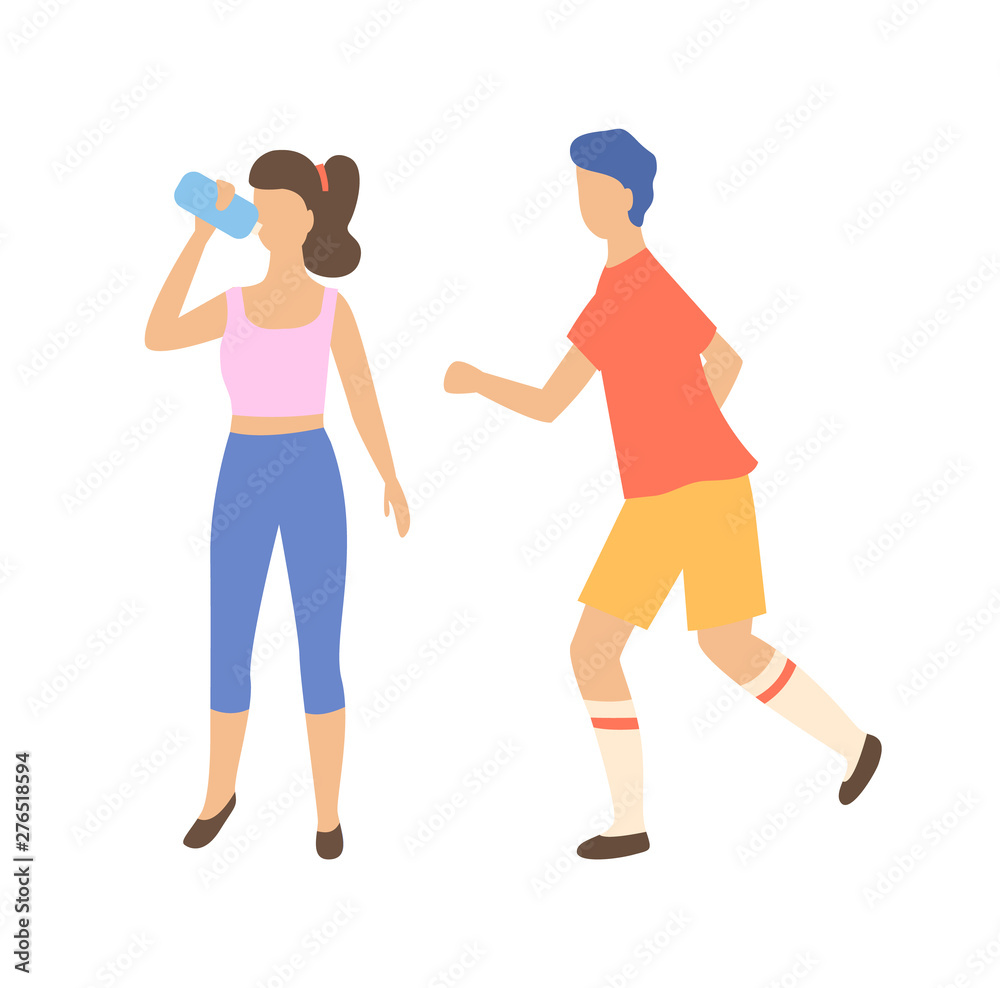 Athletic man and woman character, running man and drinking woman in sportswear, portrait and side view of sporty people, healthy activity, runner vector
