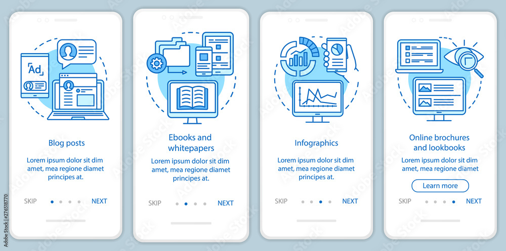 Awareness content blue onboarding mobile app page screen vector template. Blog posts, ebooks, infographics walkthrough website steps with linear illustrations. UX, UI, GUI smartphone interface concept