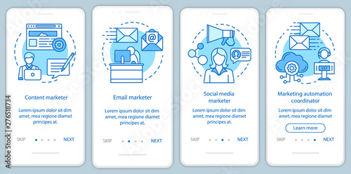Digital marketing specialties blue onboarding mobile app page screen vector template. Content marketer walkthrough website steps with linear illustrations. UX, UI, GUI smartphone interface concept
