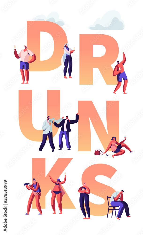 Alcohol Addiction People Concept. Characters Pernicious Habits and Substance Abuse, Drunk Men and Women Lying on Ground, Puking. Poster, Banner, Flyer, Brochure. Cartoon Flat Vector Illustration