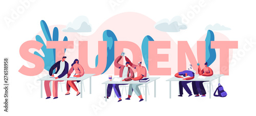 Students Sitting at Desks Visiting Lecture in University Concept. Characters Learning. Communicating, Higher Education, Knowledge. Poster, Banner, Flyer, Brochure. Cartoon Flat Vector Illustration
