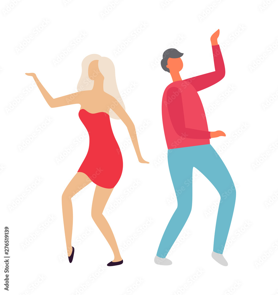 Man and woman vector, partying couple spending good time in club flat style, isolated male and female clubbers wearing fancy clothes stylish dancers