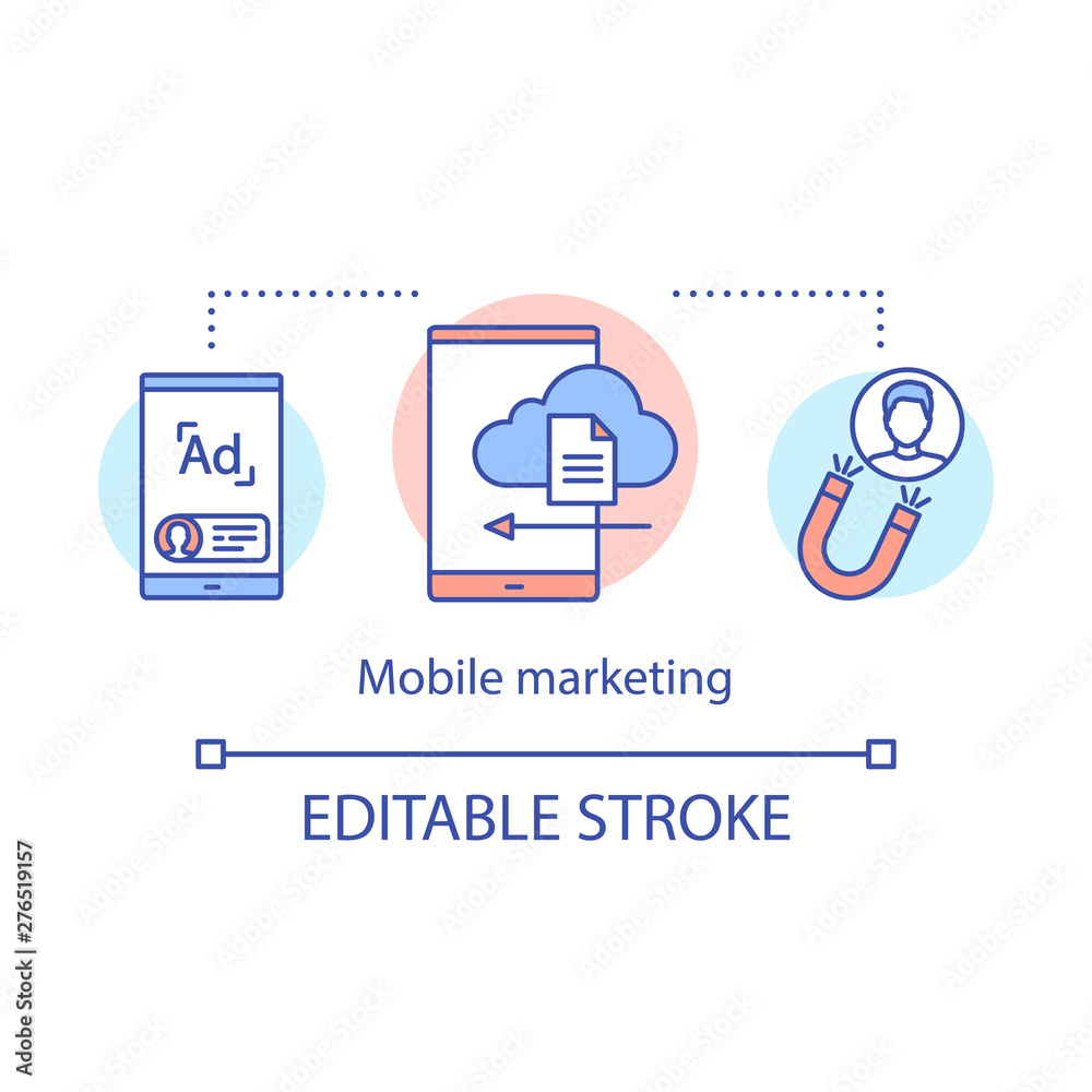 Mobile marketing concept icon. Digital marketing strategy idea thin line illustration. Target audience reaching. SMM, mass mailing. Vector isolated outline drawing. Editable stroke Mobile marketing concept icon. Digital marketing strategy idea thin line illustration. Target audience reaching. SMM, mass mailing. Vector isolated outline drawing. Editable stroke