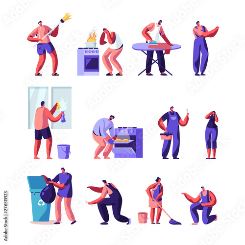Household Activities , Husband for an Hour Set, Repair Service Joyful Male Characters in Uniform Working with Instruments Fixing Broken Technics at Home, Home Duties. Cartoon Flat Vector Illustration