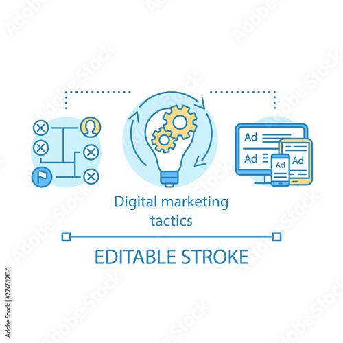 Digital marketing tactics concept icon. Online advertising strategy idea thin line illustration. Product promotion. Digital technologies. Vector isolated outline drawing. Editable stroke