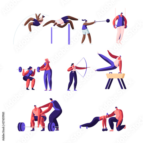 Professional Sport Activities Set. Male and Female Sportsmen Characters Workout. High Jump, Vaulting Horse, Pole Jumping, Core Shot, Bow Shooting, Gymnastics Exercises Cartoon Flat Vector Illustration