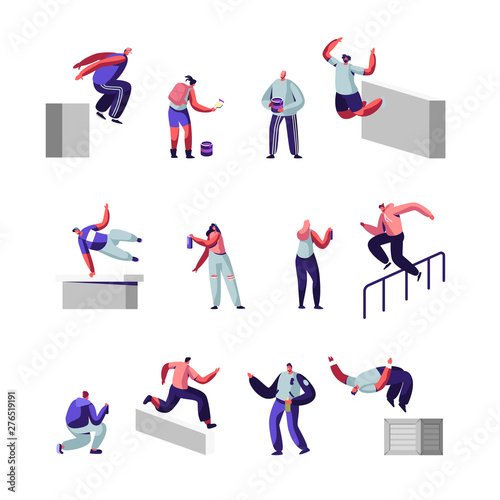 Teenagers Making Parkour Tricks and Paint Graffiti on Street Set. Young Men Jumping Over Walls and Barriers, Urban Culture, Active Lifestyle, Sport Outdoors Activity. Cartoon Flat Vecotr Illustration