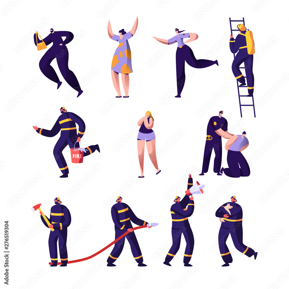 Firefighters, Policemen and Victims Set. Police Officers and Firemen at Work. Criminal Steal Bag, Male Characters in Uniform Spraying Water from Hose Fight with Blaze. Cartoon Flat Vector Illustration Firefighters, Policemen and Victims Set. Police Officers and Firemen at Work. Criminal Steal Bag, Male Characters in Uniform Spraying Water from Hose Fight with Blaze. Cartoon Flat Vector Illustration