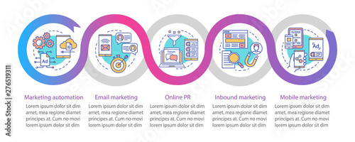 Digital marketing tactics vector infographic template. Business presentation design elements. Data visualization with five steps and options. Process timeline chart. Workflow layout with linear icons