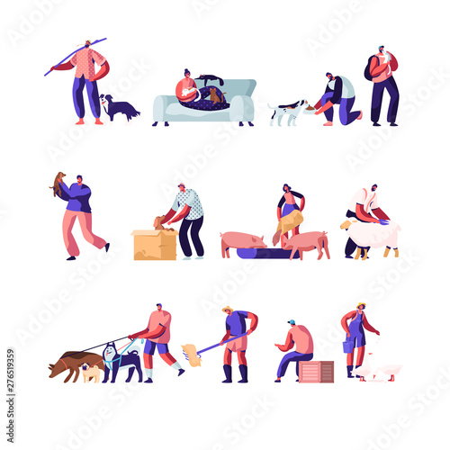 People with Pets and Domestic Animals Set. Characters Feed Cattle, Farming Job, Shearing Sheep, Prepare Hay for Livestock. Spending Time with Pets at Home and Outdoors Cartoon Flat Vector Illustration